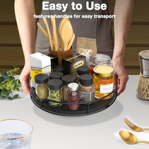 Lazy Susan Turntable Organizer with Anti-Slip Mat for Cabinet Pantry Kitchen Countertop Refrigerator Office, Pine Wood, 13", Black - Image 7