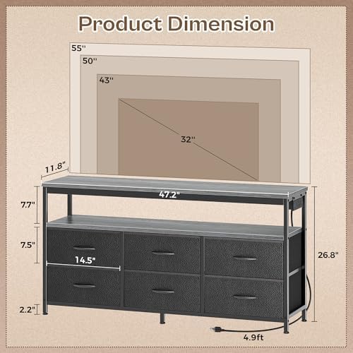 Huuger LED TV Stand for Bedroom, 47 Inch Dresser TV Stand for 43, 50, 55 Inch TV, Grey Black TV Stand with Storage, Entertainment Center with Power Outlets, 6 Drawer Fabric Dresser for Living Room - Image 2