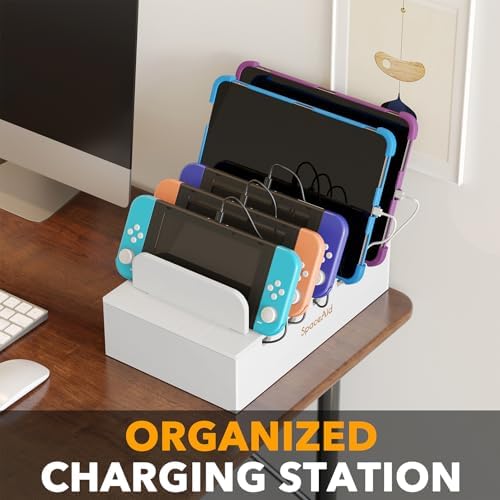 SpaceAid Bamboo Charging Station for Multiple Devices, Cell Phone Docking Stations for Multi Laptop, Tablets and iPads, Nightstand Bedside Desk Device Charger Organizer (White) - Image 2