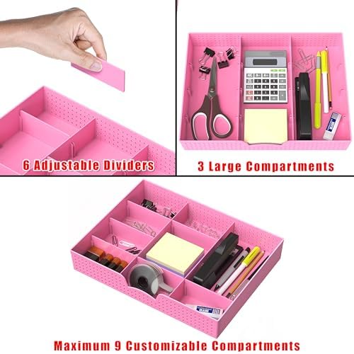 Simple Houseware Drawer Organizer Tray, 9 Adjustable Compartments, Pink - Image 3