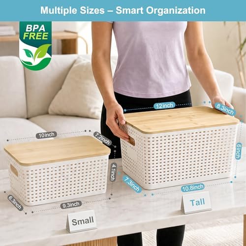 Bagnizer 2 Pack Tall Plastic Storage Bins with Bamboo Lids, 10.8qt Stackable Storages Baskets for Organizing Desktop Closet Playroom Classroom Office, 12"L x 8.3"W x 6.1"H, Cream White - Image 2