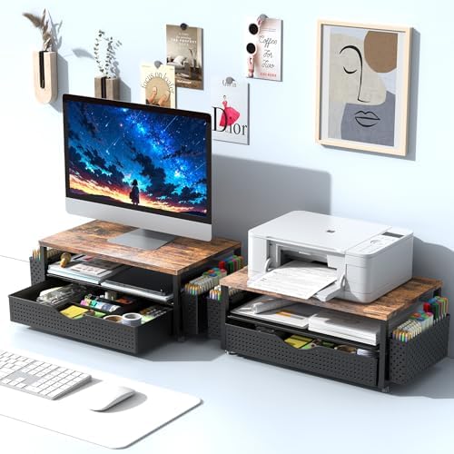 Spacrea Computer Monitor Stand with Drawer and 2 Pen Holders, Wood - Image 7