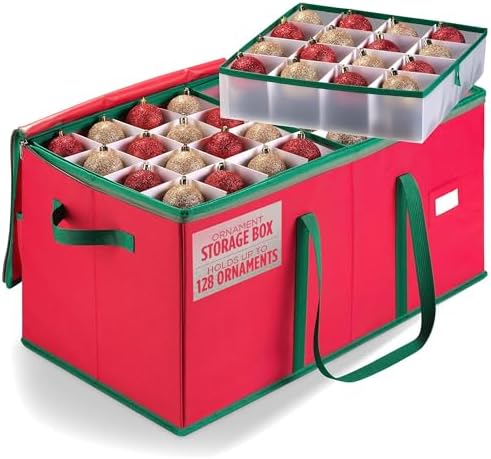 Christmas Ornament Storage - Stores up to 128 Holiday Ornaments, Adjustable Dividers, Zippered Top, Two Handles - Attractive Storage Box Keeps Holiday Decorations Clean and Dry for Next Season (Red) by Handy+Laundry