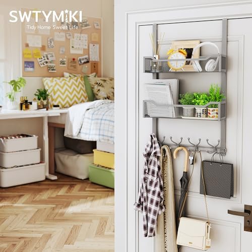 SWTYMIKI Over The Door Hooks Organizer - Multi-Functional Door Hanger with 16 Hooks & 2 Mesh Baskets, Long Coat Rack for Bathroom, Bedroom, Living Room, Home Storage Organizer, Gray - Image 4
