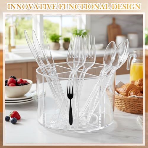 360° Rotating Acrylic Utensil Caddy, 4 Compartment Plastic Silverware Cutlery Holder Countertop Flatware Storage Organizer for Kitchen Office Desk Picnic Camping Party - Image 4