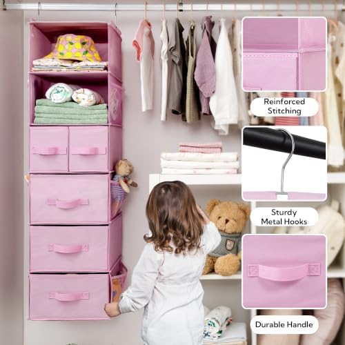 GRANNY SAYS Hanging Closet Organizer, 5 Drawers, 6 Shelves, 6 Pockets, Pink - Image 5