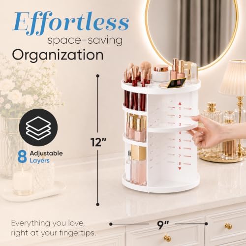 Masirs 360 Rotating Makeup Organizer Countertop, Adjustable Shelf, White - Image 4