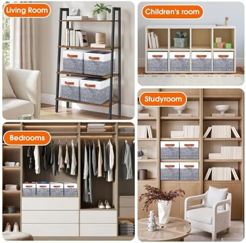 Fab totes Collapsible Storage Baskets for Shelves,14"x10", 4 Pack Foldable Fabric Storage Bins with Double Leather Handles, Large Baskets for Organizing Books, Clothes, White & Grey - Image 5