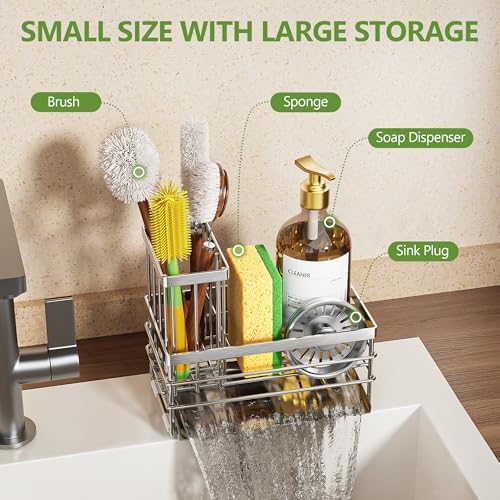 Cisily Sink Caddy Sponge Holder for Kitchen with Brush Holder and Stainless Steel Self Drain Tray, Rustproof Kitchen Sink Organizer for Sponge, Soap Dispenser Storage Accessories - Image 3