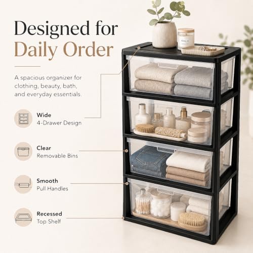 4 Drawer Storage Organizer, 4-Tier Wide Clear Plastic Drawer Storage(Black) - Image 5