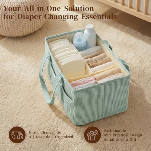 Baby Diaper Caddy Organizer with Portable Changing Mat-Portable Baby Organizers and Storage, Gift for Baby Shower, Corduroy Baby Essentials Organizer with Removable Dividers (Green) - Image 3
