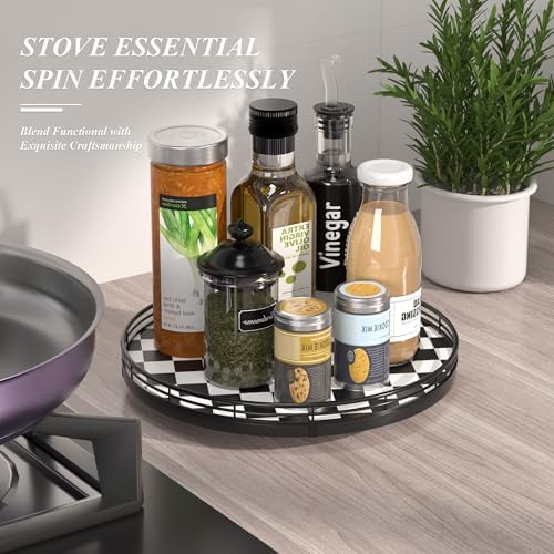 AMH 12 Inch Black and White Checkerboard Lazy Susan with Oak Wood Base - Image 5