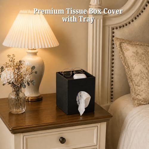 LAMOTI Leather Tissue Box Cover with Storage Tray, Square Facial Tissue Box Holder for Bathroom, Office Table, Countertop, Night Stand & More (Black) - Image 2