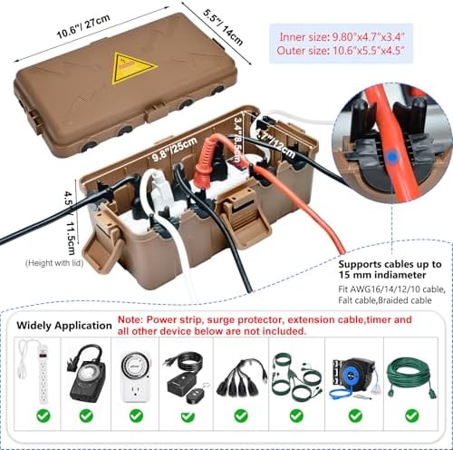 Hrensaw Medium Outdoor Electrical Box(10.6x5.5x4.5inch),Weatherproof Connection Box w/6 Cable Entry,IP54 Waterproof Extension Cord Cover Protect Power Strip,Timer,Plug,Holiday Lights,Brown - Image 2