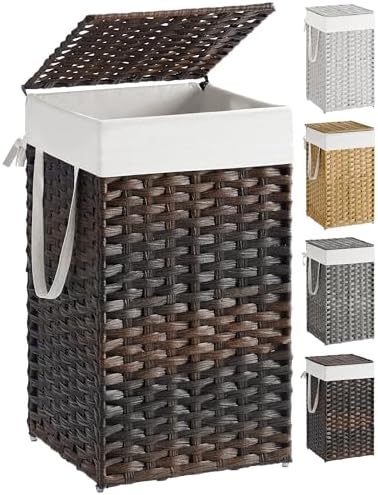 SONGMICS Laundry Hamper with Lid, 17.2 Gallon (65 L) Synthetic Rattan Clothes Laundry Basket with Lid and Handles, Foldable, Removable Liner, Chestnut Brown ULCB165K01 by SONGMICSbySONGMICSHOME