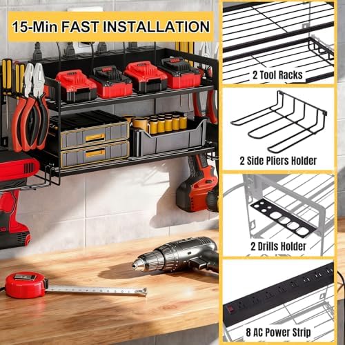 Power Tool Organizer Wall Mount, 2 Layers Heavy Duty 4 Cordless Drill Holder Tool Storage Rack with 8 Power Strip Battery Charging Station,Pliers Screwdrivers Organizer for Garage, Workshop,Tool Room - Image 5