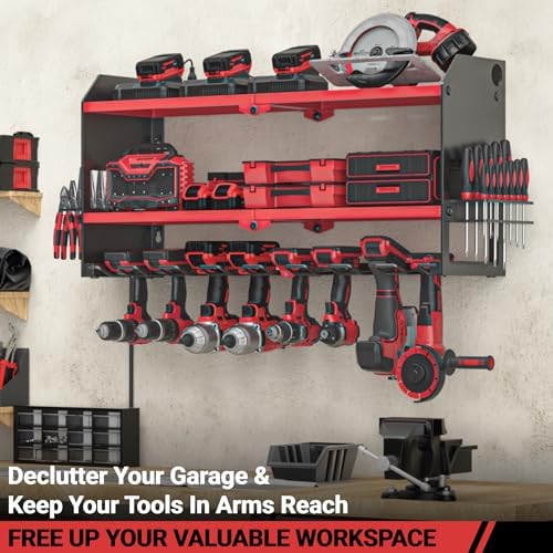 YYR Power Tool Organizer with Charging Station Wall Mount, Cordless Drill and Battery Holder for Garage Organization, Electric Tools Storage Rack Build in Surge Protection Power Strip - Red Shelf - Image 3