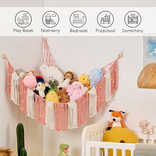 Pretty Jolly Stuffed Animal Hammock with Weaving Tassels and Beads Leather Pink - Image 3