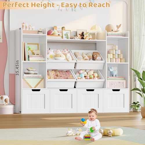 Toy Storage Organizer, Toy Organizer with 4 Movable Drawers and 4 Box Bins, Kids Playroom Storage Organization with Hidden Wheels for Living Room, Kids Room - Image 3