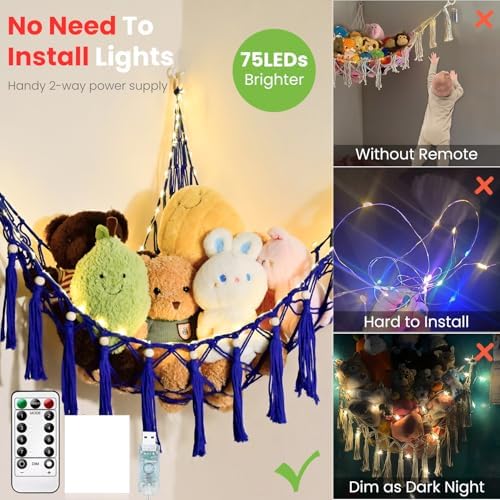 Stuffed Animal Hammock, 55in Storage Macrame Hammock with 75LEDs, Hanging Net for Kids Bedroom Doll Room Corner Organizer, USB Powered Plush Animal Storage Net with Remote (Dark Blue, XL) - Image 5