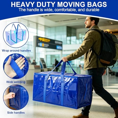 SenseYo 2 Pack Heavy Duty Packing Moving Bags Boxes Supports 200lbs Oversized Large Waterproof Clothes Storage Bags Totes with Zippers & Handle for College Supplies Home Organization Blue - Image 3