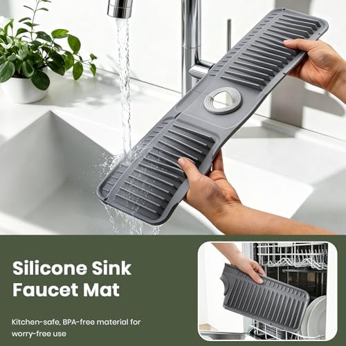 2PCS 24 Inch Faucet Mat for Kitchen Sink, Silicone Splash Guard for Kitchen Sink Area, 7° Slope Fast Self-Draining Sink Mat, Cuttable Hole Design, Sink Backsplash Guard Draining Mat, Dark Grey - Image 7