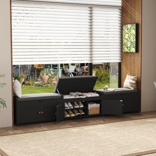 HOMEFORT 30" Shoe Bench with Lift Top Storage, Entryway Bench with Cushioned Seat, Wooden End of Bed Bench, Shoe Cabinet Bench with Hidden Storage Space, for Bedroom, Hallway,Black - Image 5