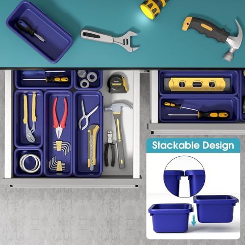 6 PCS Drawer Organizer Set, 3 Size Makeup Drawer Divider Organizer With Non-Slip Pads, Interlocking Plastic Storage Bins for Office,Jewelry Vanity,Gadgets, Bathroom,Kitchen, Navy - Image 5