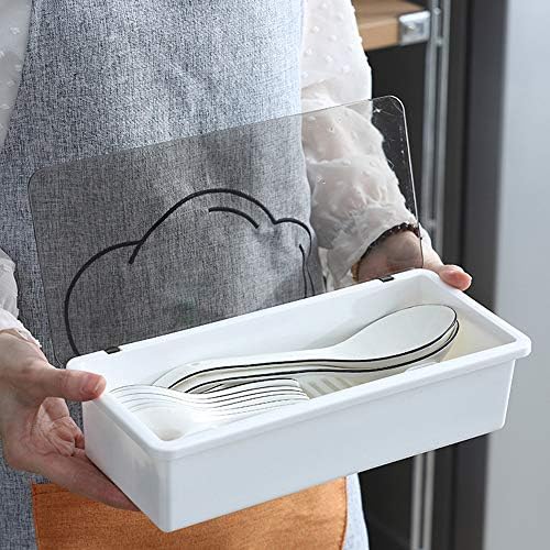 White Flatware Tray Kitchen Drawer Organizer With Lid And Drainer - Plastic Kitchen Cutlery Tray and Utensil Storage Container with Cover - 11.0 Inch Silverware Holder Drawer Organizer - Image 4