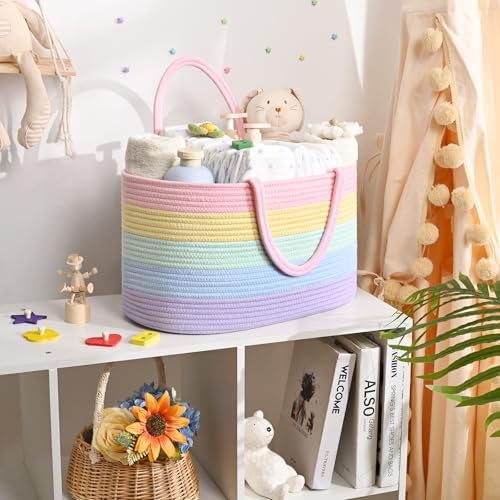 19L Baby Diaper Caddy Organizer, 16.8"x9.8"x9" Cotton Rope Diaper Basket, Changing Table Storage Caddy With Removable Divider, Baby Basket for Nursery, Car, Diapers, Baby Shower Gifts for Newborn - Image 2