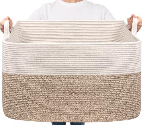 Goodpick 85L Large Woven Rope Blanket Basket, White & Light Brown by Goodpick