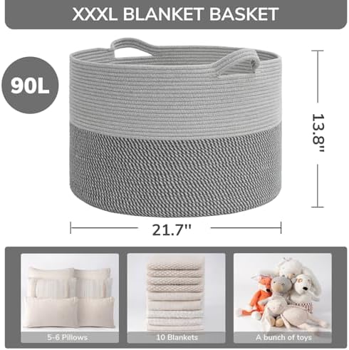 INDRESSME XXXLarge Woven Rope Blanket Basket Living Room Grey, 90L - Image 3
