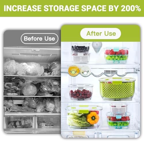 LUXEAR Fresh Produce Vegetable Fruit Storage Containers 3Piece Set, BPA-free Fridge Storage Container, Partitioned Salad Container, Fridge Organizers, Used in Storing Fruits Vegetables, Green - Image 2