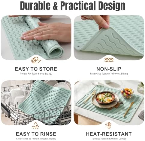 2 Pack Silicone Dish Drying Mat for Kitchen Counter Baking Cooking Grilling Tools Coffee Must Haves Household Dining Finds Dryer Work Place Covers Rubber Rug Large 18"x16" Green - Image 6
