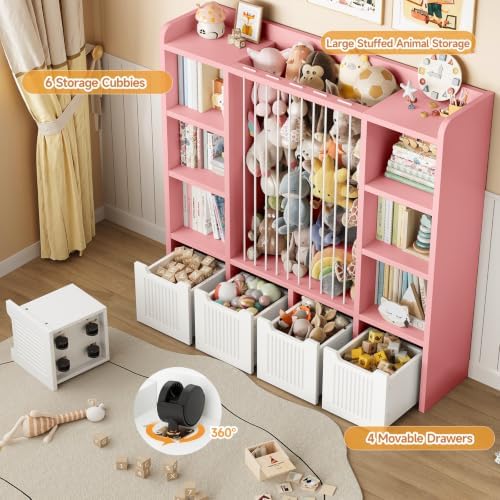 ONBRILL 3-in-1 Toy & Stuffed Animal Storage, 4 Movable Toy Chest, Pink - Image 3