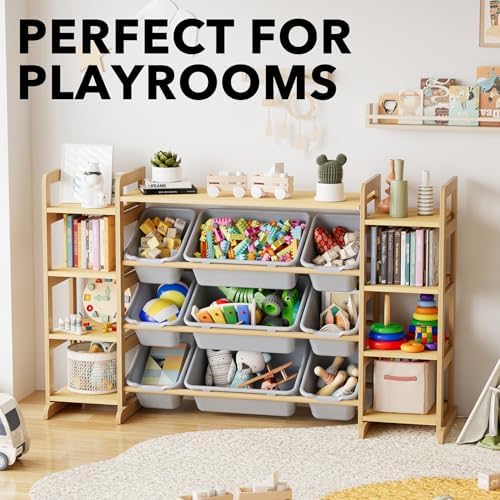 SpaceAid Large Toy Storage Organizer 9 Shelves 9 Bins, Toy Organizers Storage Bookshelf, Kids Bin Shelf Toys Box Bookcase for Bedroom Playroom Organization Room Decor, Neutral Gray - Image 5