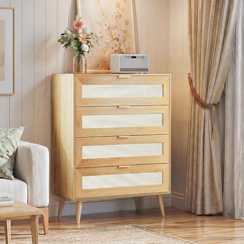 4-Drawer Rattan Tall TV Stand, Wooden TV Console - Image 2