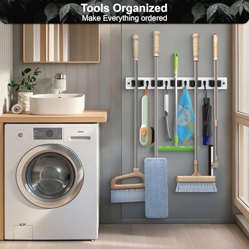 2 Pack Broom Holder Wall Mount With 5 Slots & 4 Hooks，Rustic Wood Broom & Mop Hanger，Wall Mounted Garden & Garage Tool Storage Organizer Rack for Closet Laundry Room or Kitchen Wall Decor White - Image 3