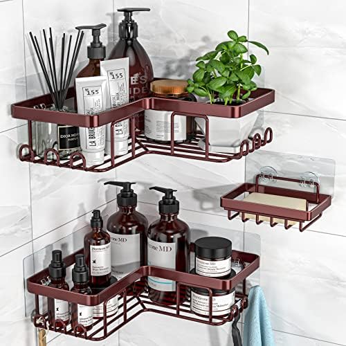 YASONIC Corner Shower Caddy, 3-Pack Adhesive Shower Caddy with Soap Holder and 12 Hooks, Rustproof Stainless Steel, No Drilling Wall Mounted Rack Organizer, for Bathroom, Bronze by YASONIC