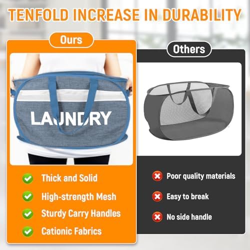 Collapsible Laundry Baskets with Lid, Foldable Clothes Hamper with Reinforced Handles, Sturdy Pop Up Hampers for Laundry, Tear Proof & Easy to Carry Laundry Hamper for Home, Dorm, Travel Blue - Image 6