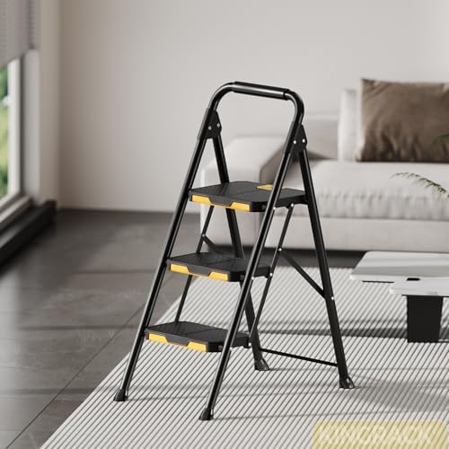 KINGRACK 3 Step Ladder, Sturdy Steel Step Stool with Safe-Lock Design, Handrail, Anti-Slip Wide Pedals, Pass 800lbs Load Testing, Folding Portable Ladder for Multi-Purpose, Home, Kitchen, Black - Image 6
