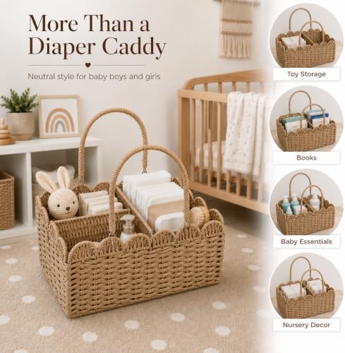 Large Wicker Diaper Caddy Organizer, Scalloped Nursery Basket for Changing Table, Woven Rope Baby Holder with Removable Divider, Portable Organizer for Diapers Wipes Clothes Toys & Essentials (Brown) - Image 3