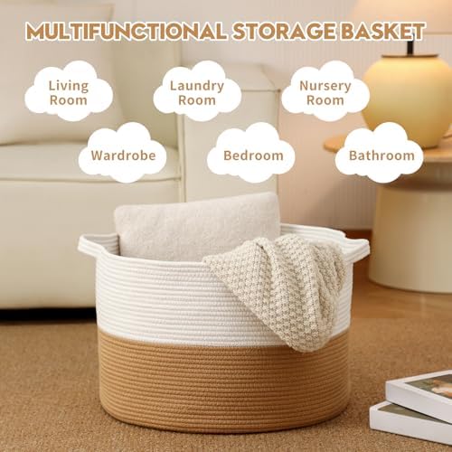 Foldable Laundry Hamper Basket with Collapsible Handle Cotton Rope Soft Woven Fabric Storage Organizer Clothes Toys Nursery Bedroom Dorm Space Saving Bin (White & Camel, 65L(19.7"D x 12.6"H)) - Image 3