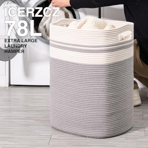 ICERZCZ 78L Laundry Hamper, Woven Rope Tall Laundry Basket with Handles, Decorative Blanket Basket for Bedroom, Bathroom, Collapsible Baskets for Toys, Clothes, 16”x14”x22”, White & Grey - Image 2