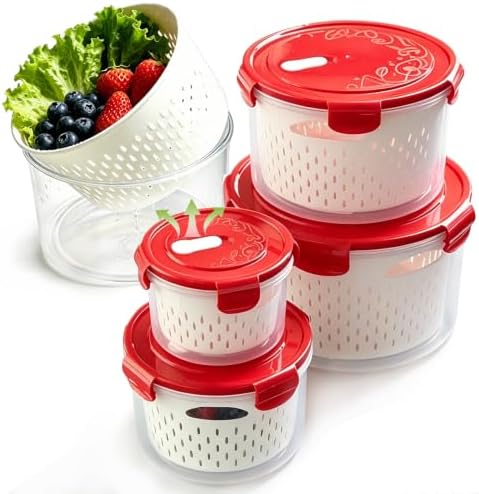 TBMax 8 Pieces Airtight Fruit Storage Containers for Fridge with Air Circulation Vent, 4 Pack Round Produce Saver with Colander for Berry Lettuce Salad Vegetable Storage, Refrigerator Organizers -Red by TBMax