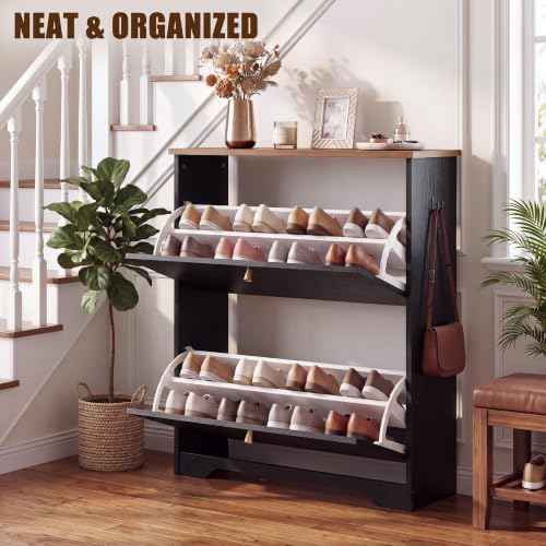 Nicetree 2 Flip‑Drawer Shoe Cabinet,Walnut Top,9.5" Deep, Light Black - Image 4