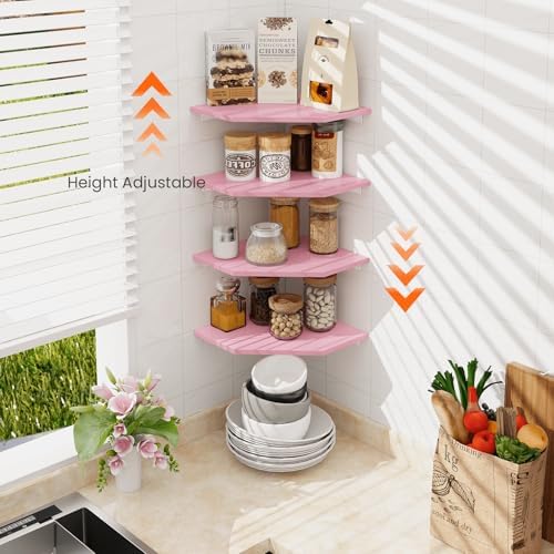 Homode Corner Shelf Wall Mount, Set of 4 Corner Floating Shelves, Wood Hanging Storage Shelving with Cord Hole, Wall Shelf Organizer for Bathroom Bedroom Living Room Office, Pink - Image 7
