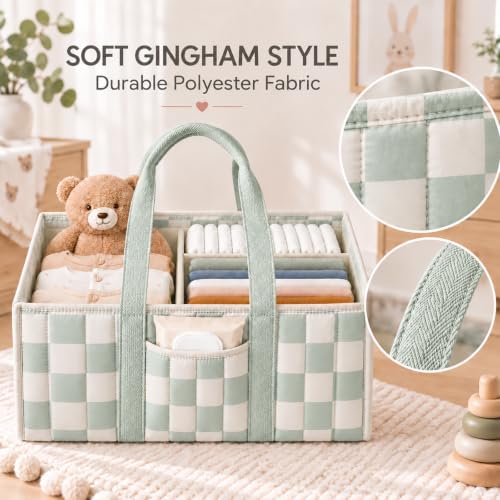 Checkered Diaper Caddy Organizer,Baby Essentials Storage Basket,Green - Image 4