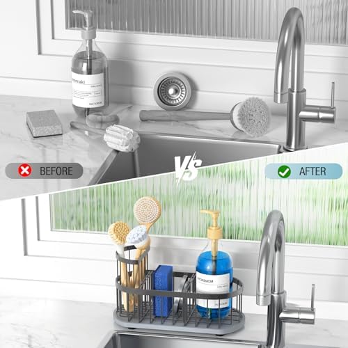Sink Caddy Sponge Holder for Kitchen with Stone Drying Mat & Brush Holder - Image 6