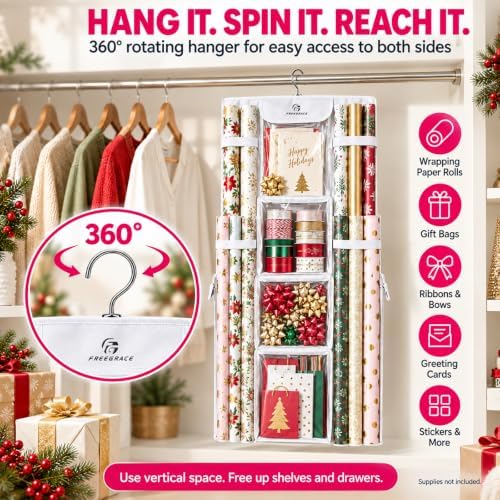Freegrace Hanging Gift Wrap Organizer - Wrapping Paper Storage Bag, 41 Inch - Image 6